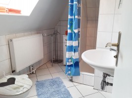 Das Badezimmer hat eine Dusche, ein Waschbecken und WC, einen Spiegelschrank und einen kleinen Badezimmerschrank / Ferienwohnung "Erika Kohrt" in Husum  OT Schobüll